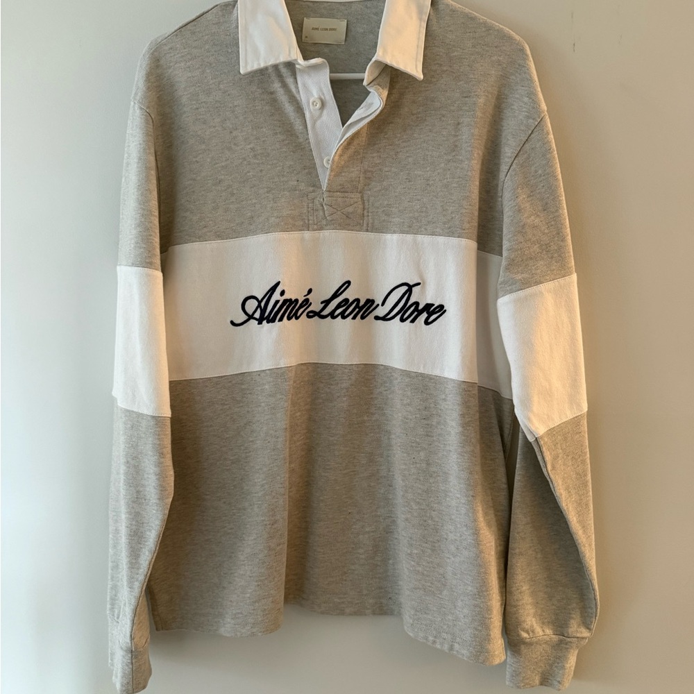 Aime Leon Dore Gray and White Rugby Polo with Script Logo